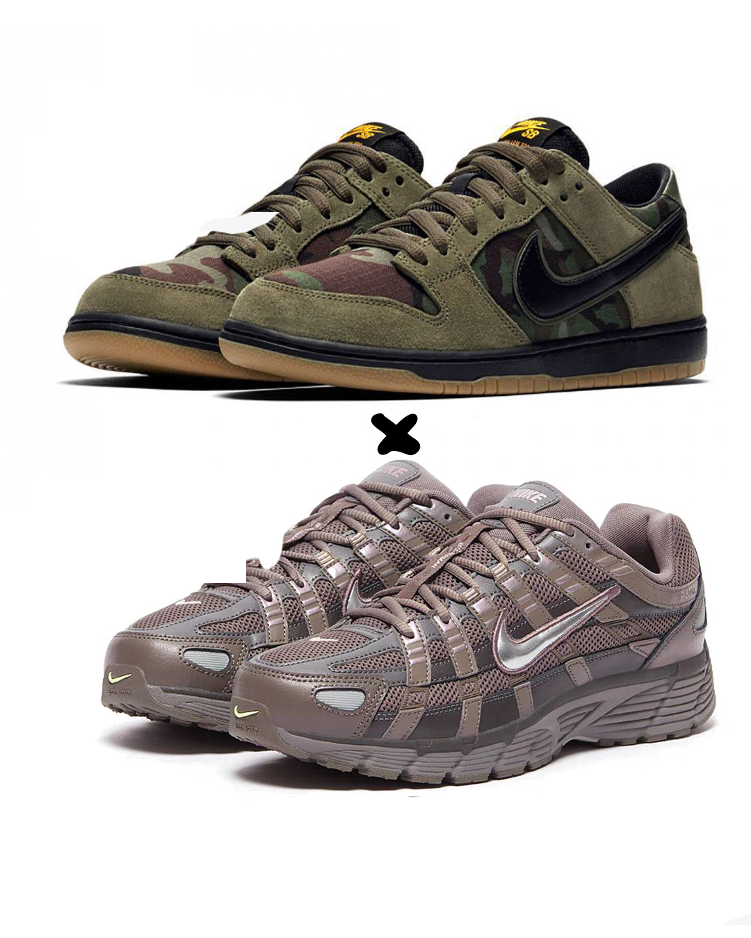 Nike SB Dunk Low Pro "Skate Camo" X. Nike P-6000 shoes in the Cave Stone and Metallic Silver”